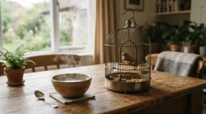Demonstration of steam inhalation for birds with colds using a bowl of warm water near a cage