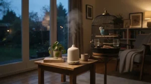 Administering evening steam inhalation for birds with colds under a dim, calming light