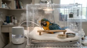 Setting up steam inhalation for birds with colds inside a specialised hospital recovery cage