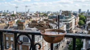 A sparrow enjoying a top rated bird bath under £15 securely clamped to a metal balcony railing.
