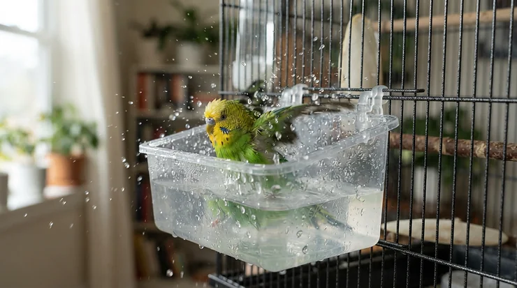 A budgie using an affordable top rated bird bath under £15 attached securely to the side door of a wire birdcage.