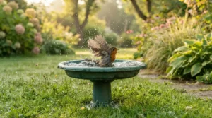 A robin splashing in a top rated bird bath under £15 placed on a lush green lawn in a suburban garden.