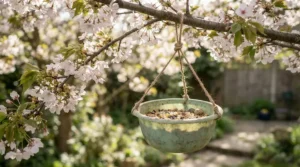 A suspended top rated bird bath under £15 hanging gracefully from an old apple tree branch in a cottage garden.
