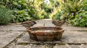 Blue tits using a top rated bird bath under £15 set upon grey patio flagstones near potted spring flowers.