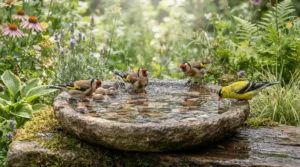 Goldfinches drinking safely from the shallow centre of a top rated bird bath under £15 surrounded by pebbles.
