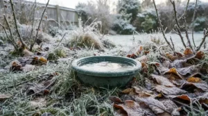 A frosty scene showing a robust top rated bird bath under £15 with fresh water placed out during a chilly morning.