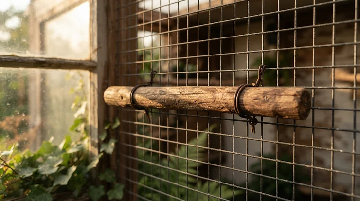 A bath perch for budgies shown during drying time with gentle natural airflow from a nearby window.